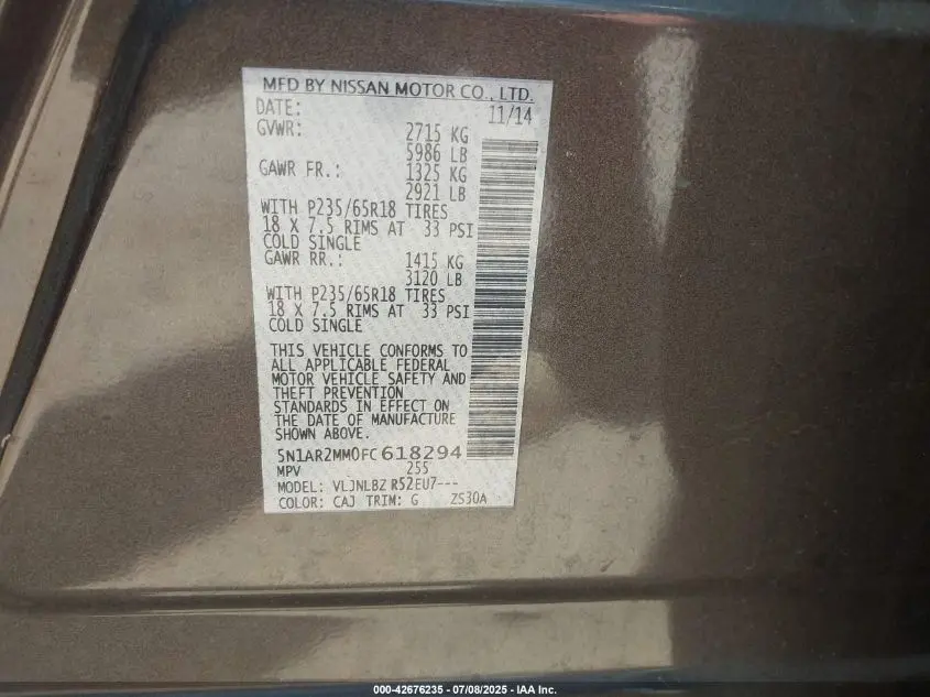 2015 NISSAN PATHFINDER S