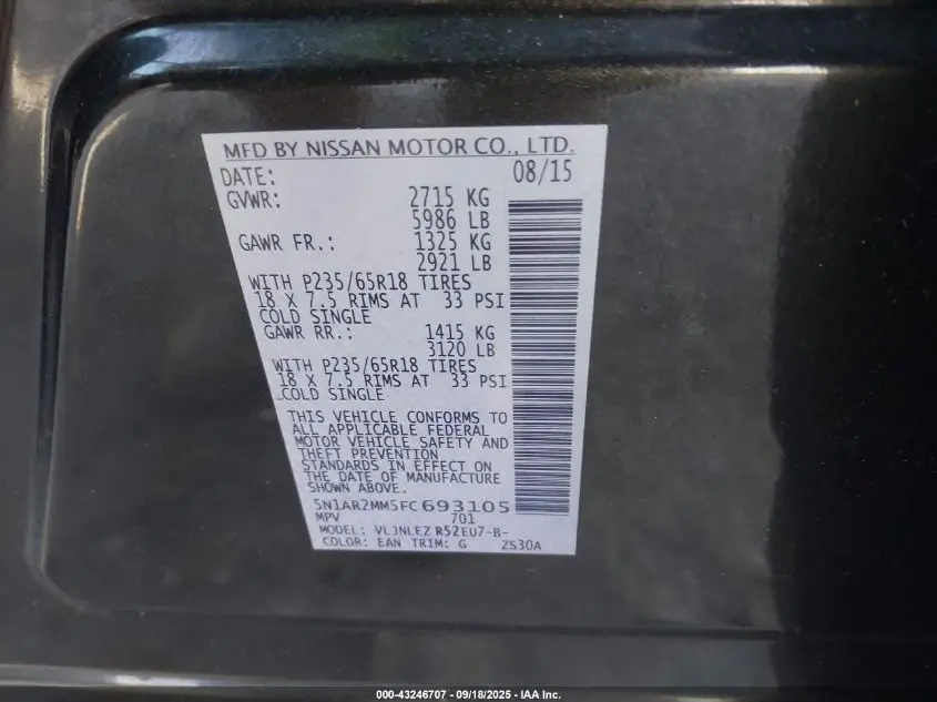 2015 NISSAN PATHFINDER SV