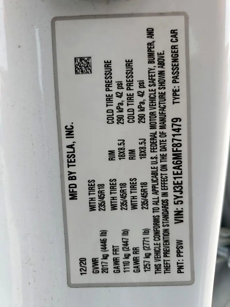 2021 TESLA MODEL 3   