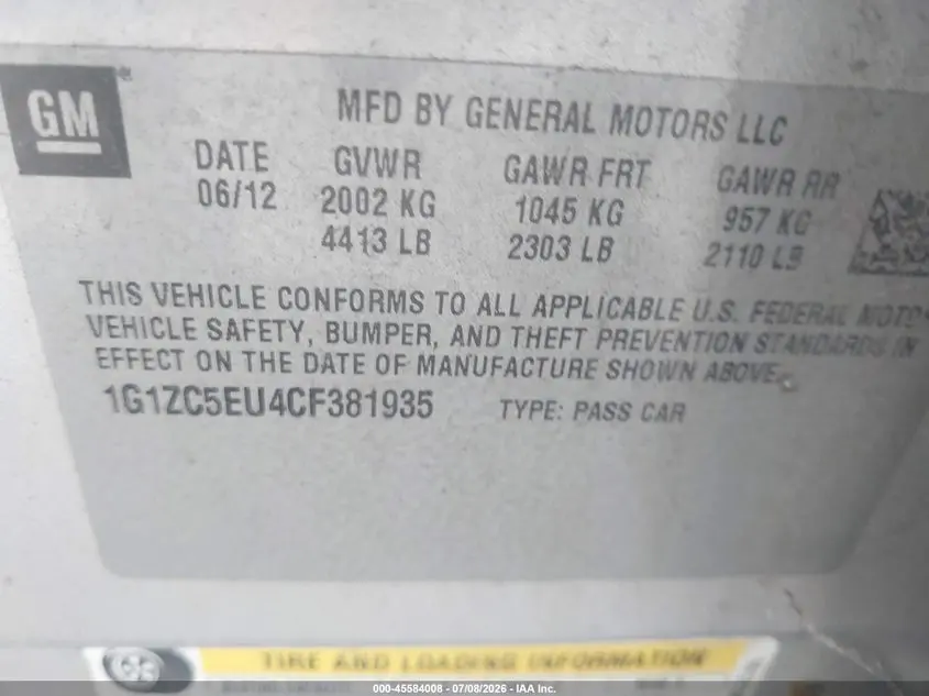 2012 CHEVROLET MALIBU 1LT
