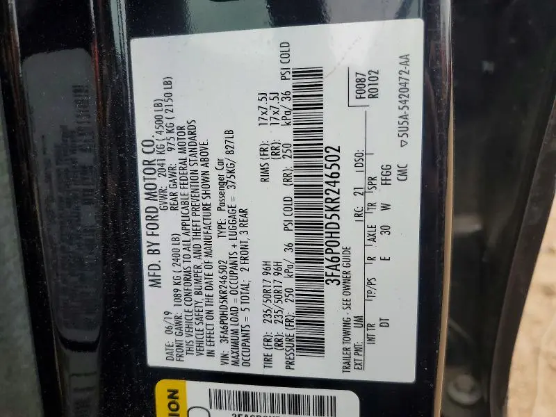2019 FORD FUSION SE  