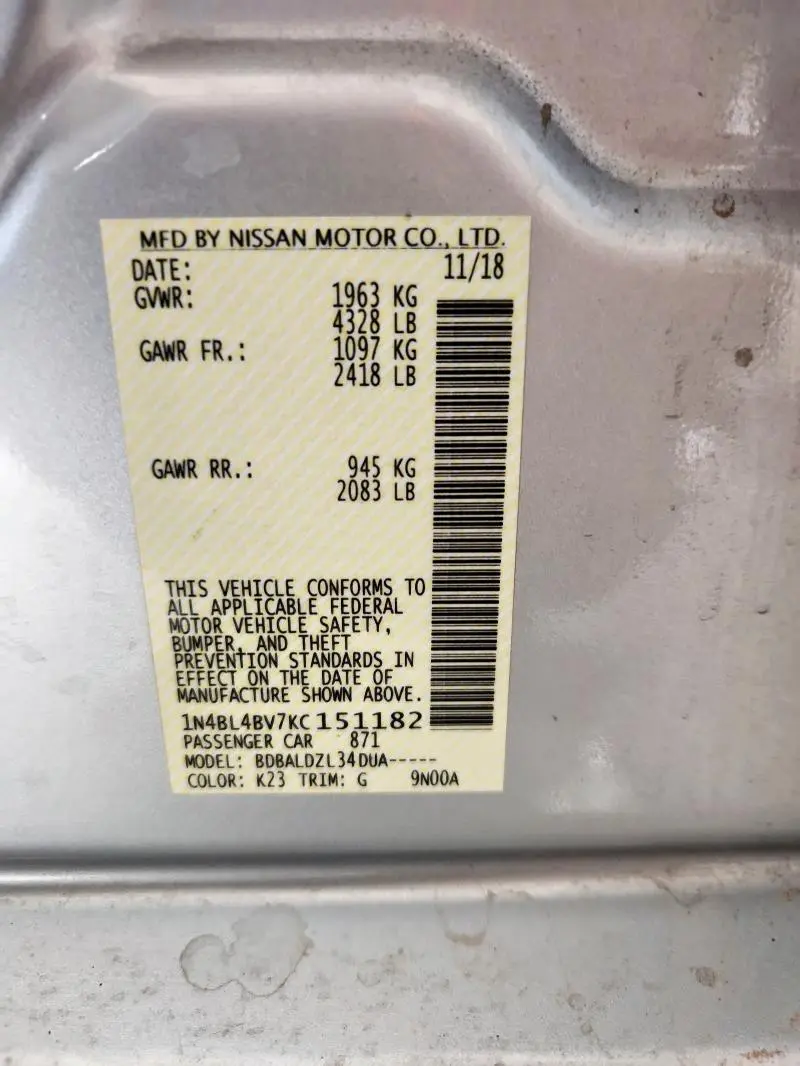 2019 NISSAN ALTIMA S  