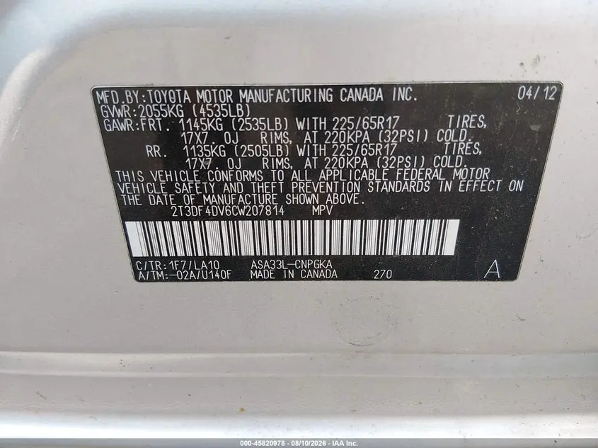 2012 TOYOTA RAV4 LIMITED