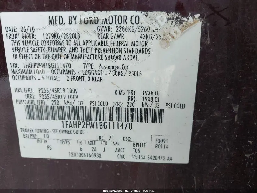 2011 FORD TAURUS LIMITED