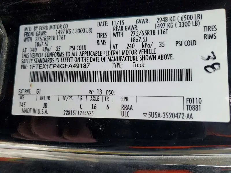 2016 FORD F150 SUPER CAB  