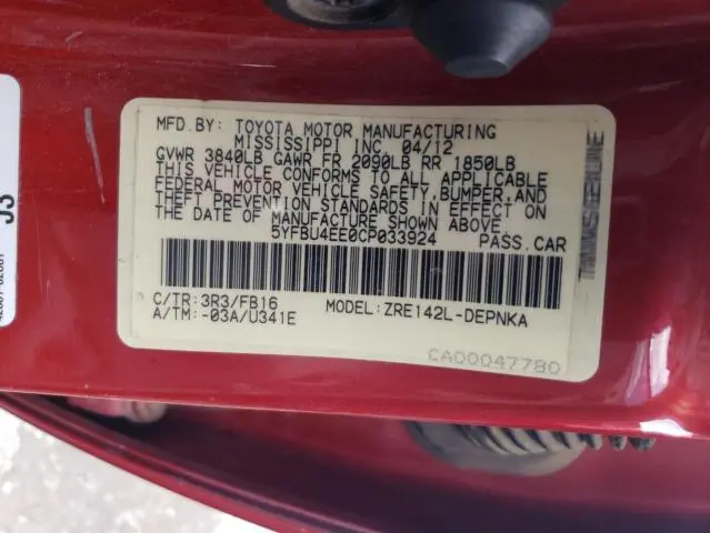 2012 TOYOTA COROLLA BASE  
