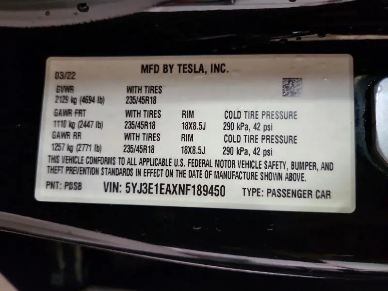 2022 TESLA MODEL 3   