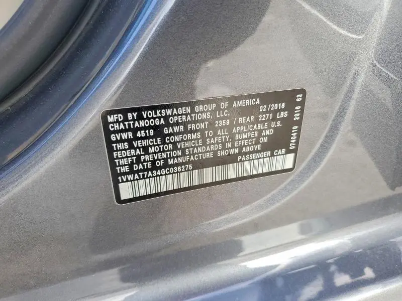 2016 VOLKSWAGEN PASSAT S  