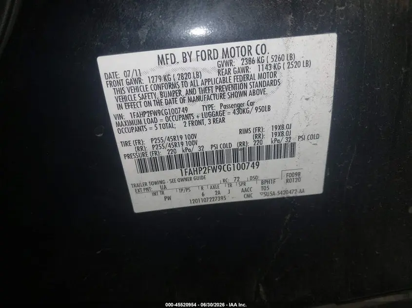 2012 FORD TAURUS LIMITED