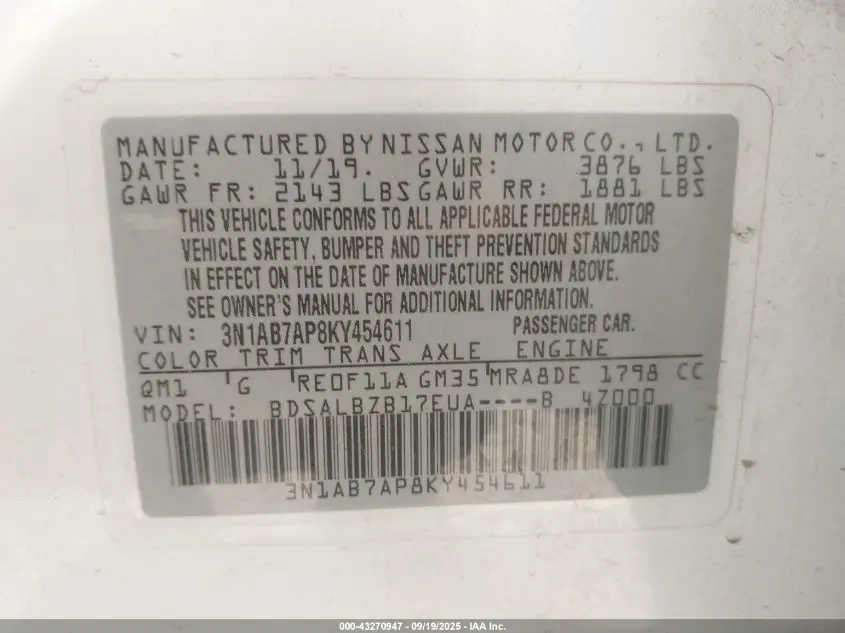 2019 NISSAN SENTRA S