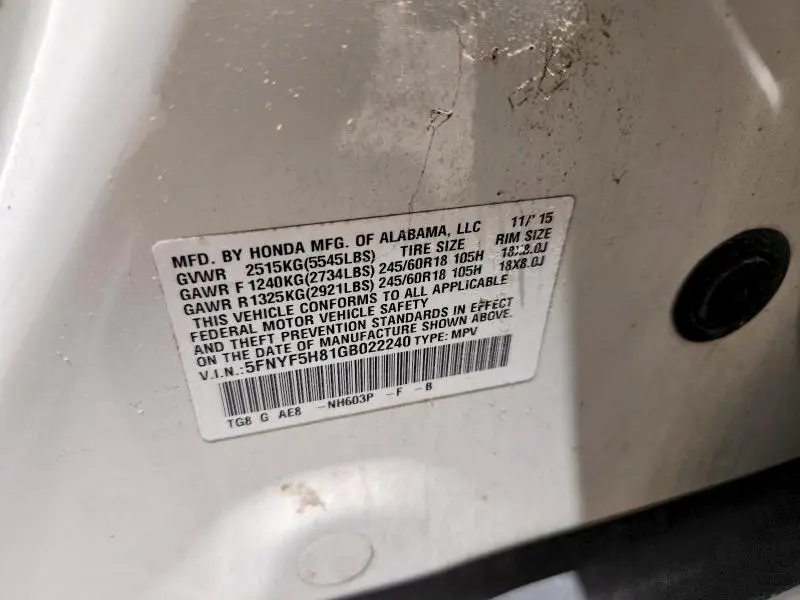 2016 HONDA PILOT EXL  