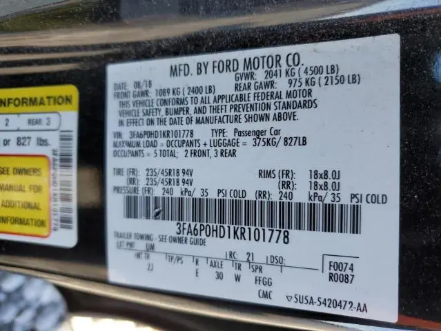 2019 FORD FUSION SE  