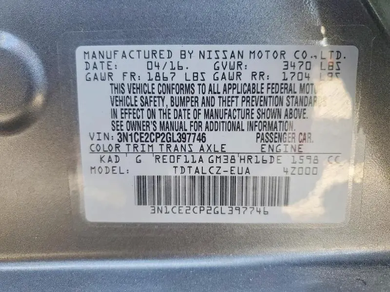 2016 NISSAN VERSA NOTE S PLUS  