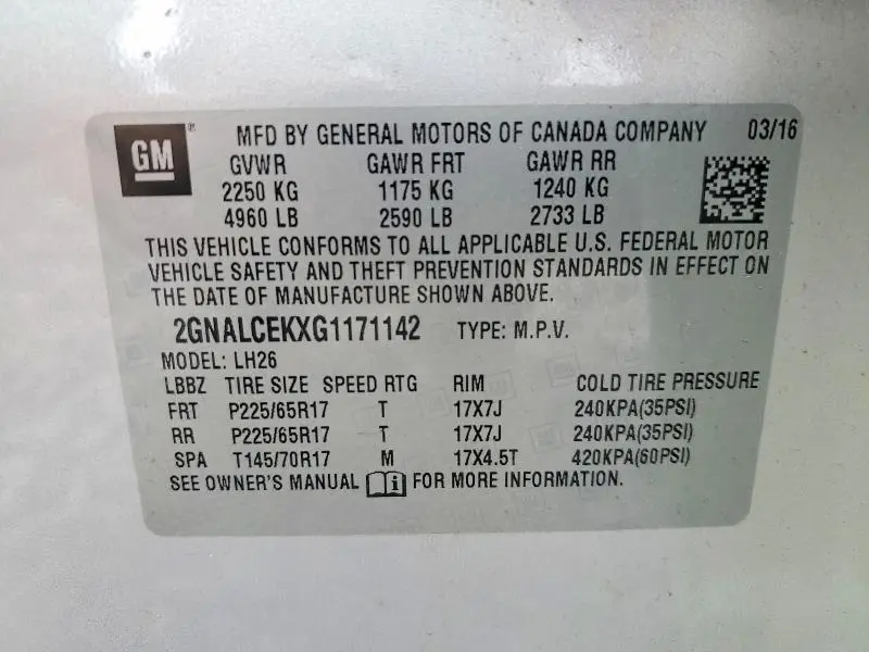 2016 CHEVROLET EQUINOX LT  