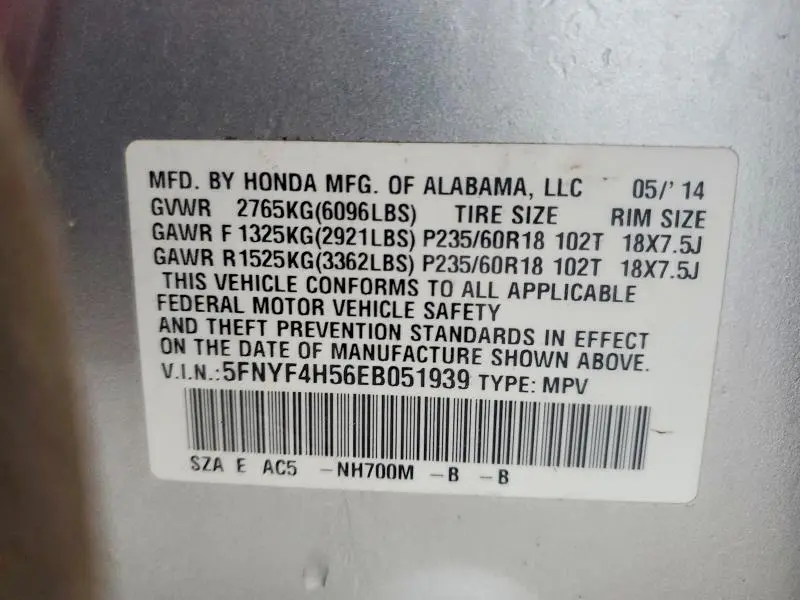 2014 HONDA PILOT EXL  