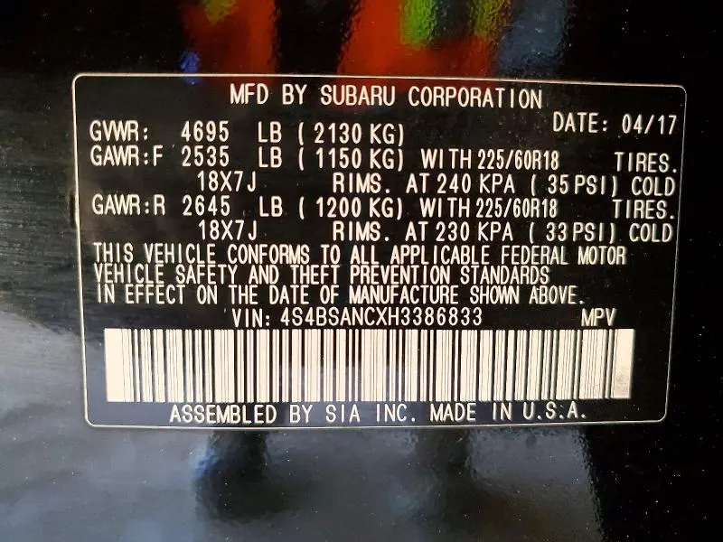 2017 SUBARU OUTBACK 2.5I LIMITED  