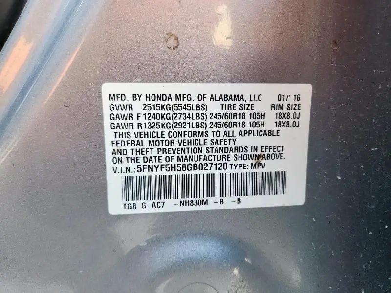 2016 HONDA PILOT EXL  