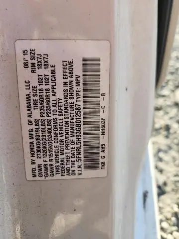 2016 HONDA ODYSSEY TOURING  