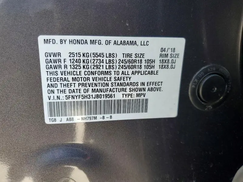 2018 HONDA PILOT EX  