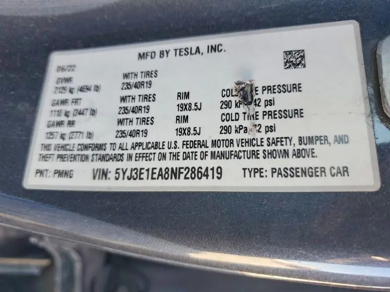2022 TESLA MODEL 3   