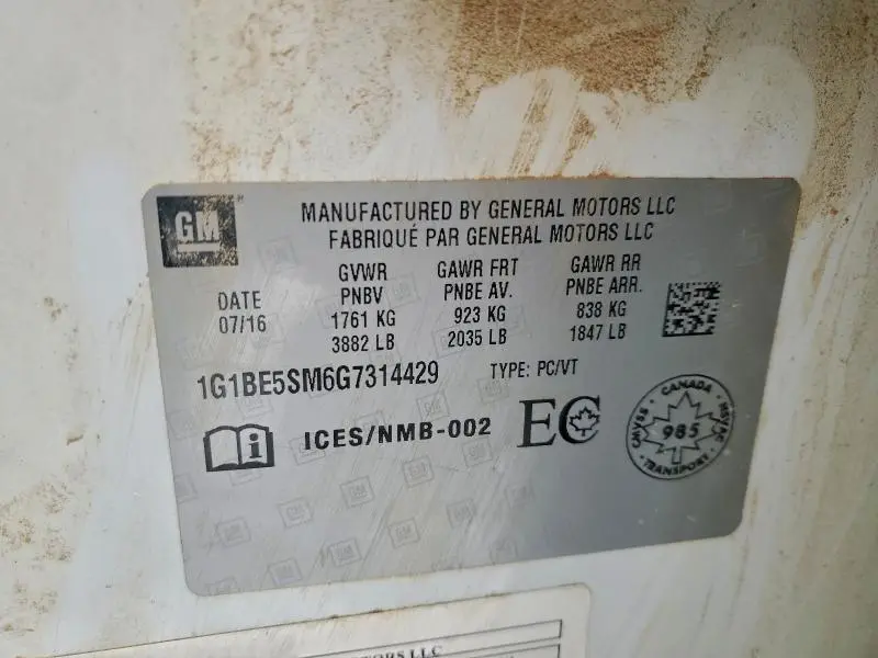 2016 CHEVROLET CRUZE LT  