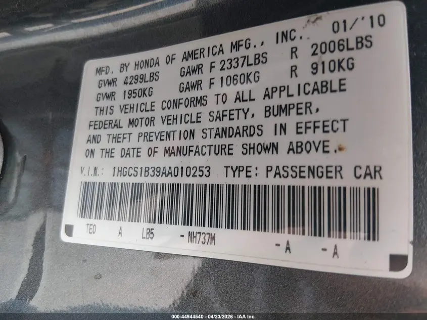 2010 HONDA ACCORD 2.4 LX-S