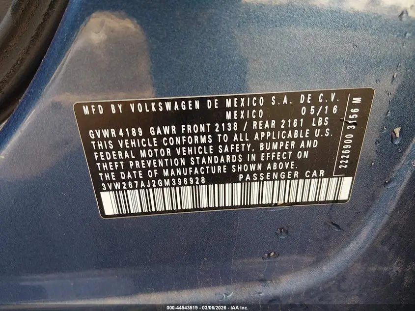 2016 VOLKSWAGEN JETTA 1.4T S