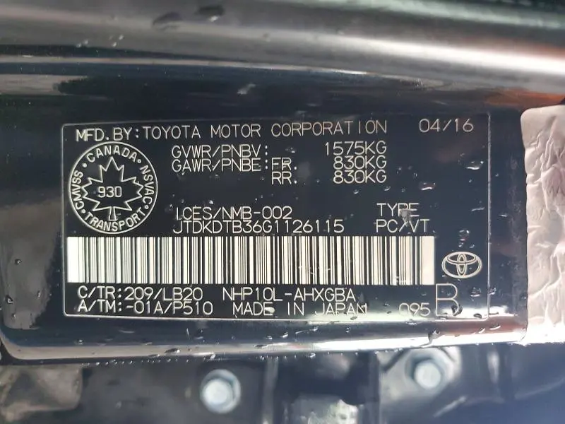 2016 TOYOTA PRIUS C ONE  