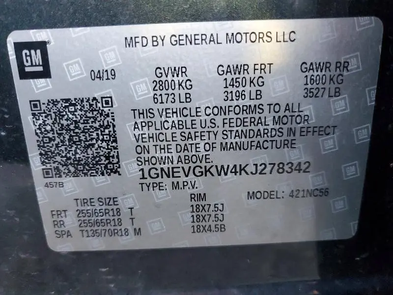 2019 CHEVROLET TRAVERSE LT  