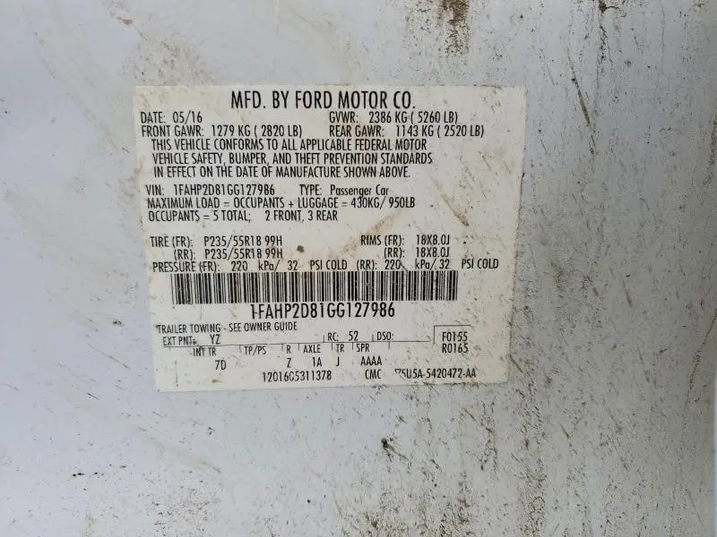 2016 FORD TAURUS SE COMFORT  