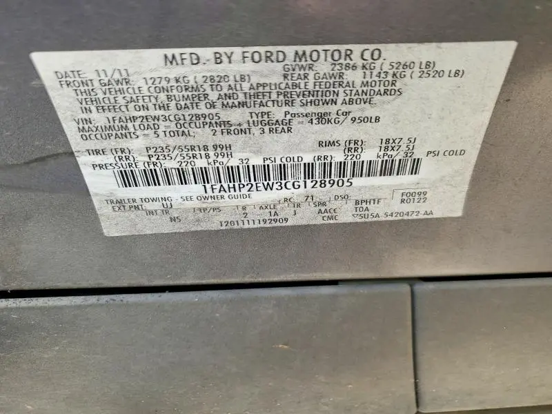 2012 FORD TAURUS SEL  
