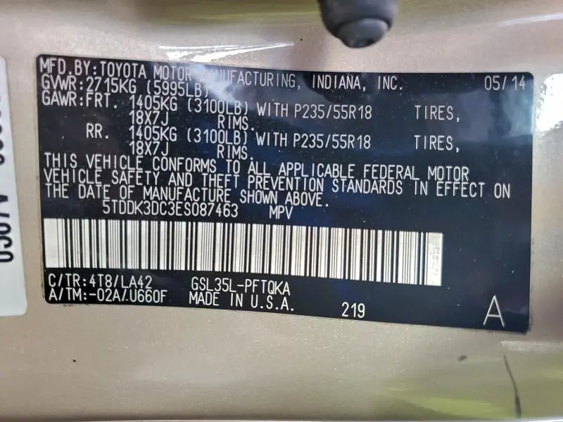 2014 TOYOTA SIENNA XLE  