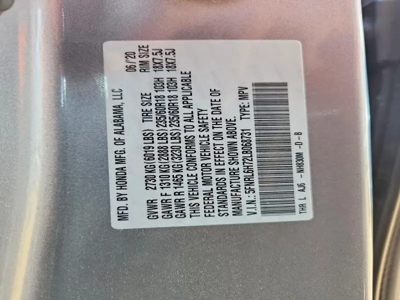 2020 HONDA ODYSSEY EXL  