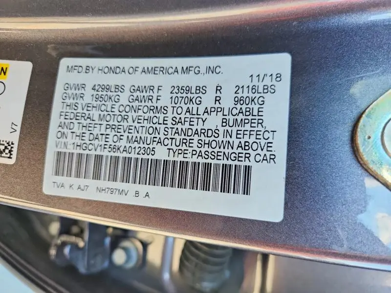 2019 HONDA ACCORD EXL  