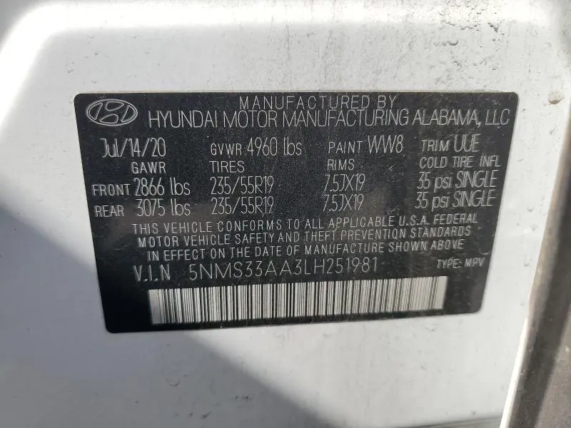 2020 HYUNDAI SANTA FE SEL  