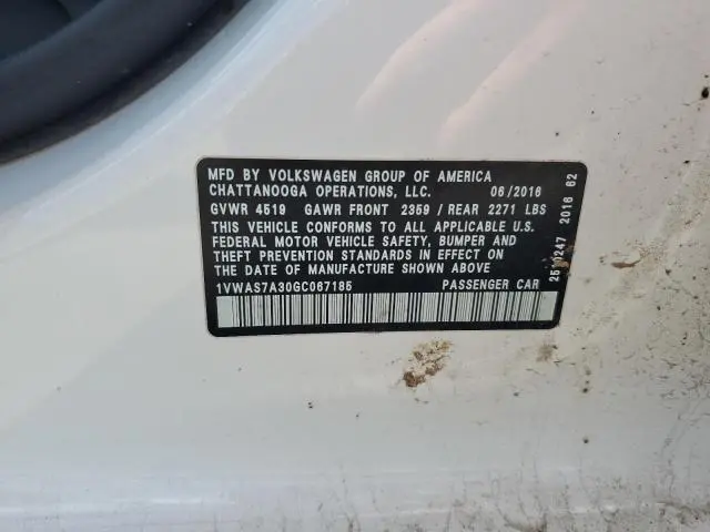 2016 VOLKSWAGEN PASSAT S  