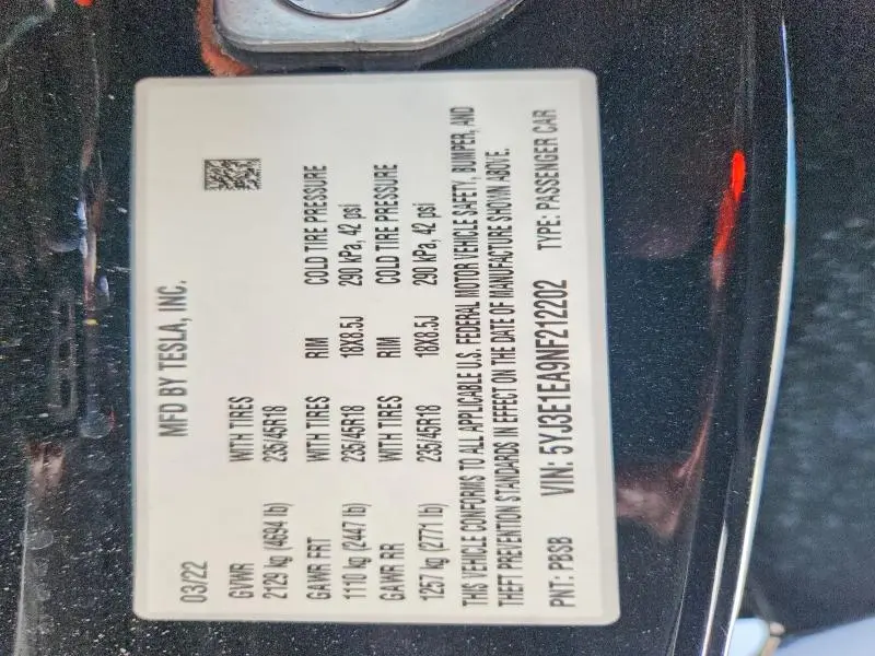 2022 TESLA MODEL 3   