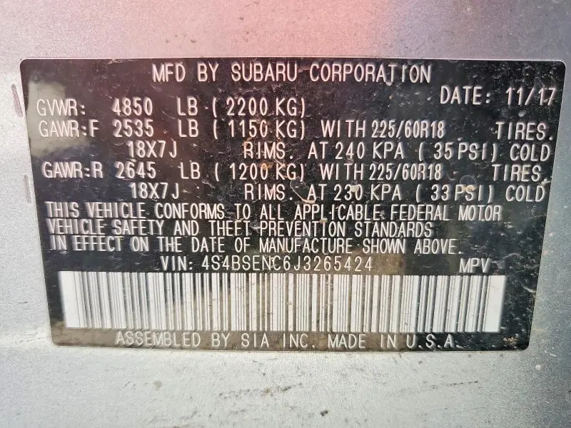 2018 SUBARU OUTBACK 3.6R LIMITED  