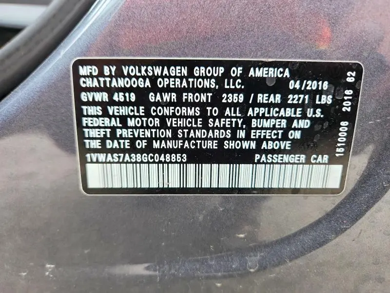 2016 VOLKSWAGEN PASSAT S  