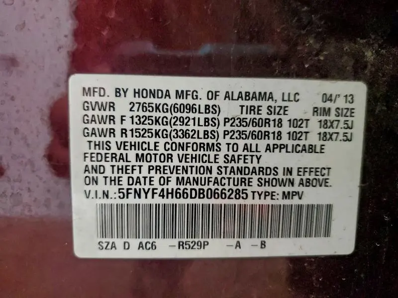 2013 HONDA PILOT EXL  