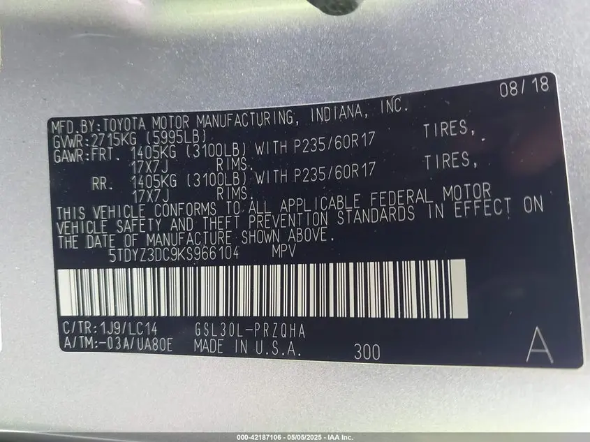 2019 TOYOTA SIENNA XLE 8 PASSENGER