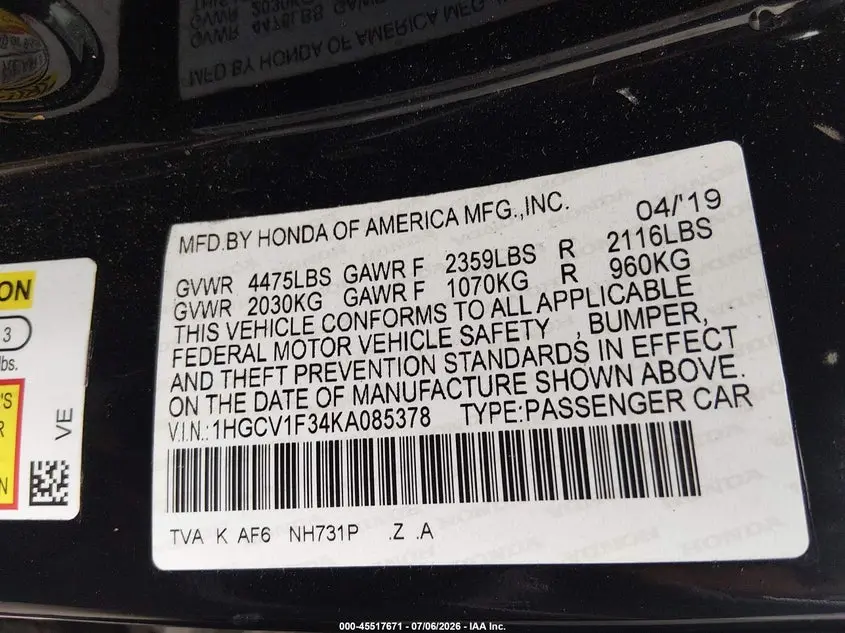 2019 HONDA ACCORD SPORT