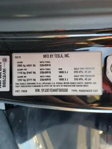 2019 TESLA MODEL 3   