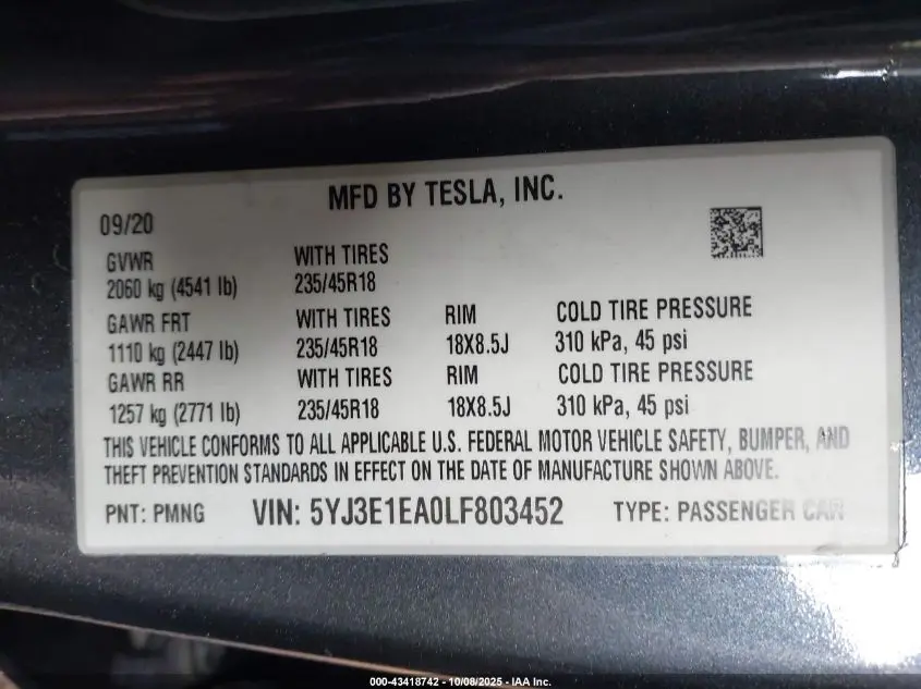 2020 TESLA MODEL 3 STANDARD RANGE PLUS REAR-WHEEL DRIVE/STANDARD RANGE REAR-WHEEL DRIVE
