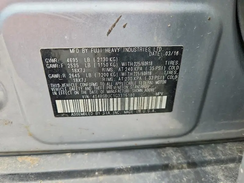 2016 SUBARU OUTBACK 2.5I LIMITED  