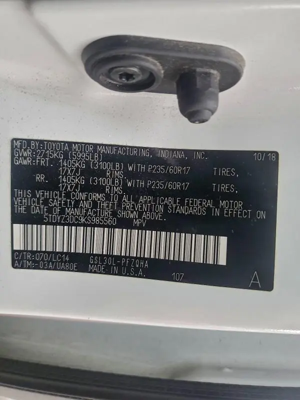 2019 TOYOTA SIENNA XLE 7-PASSENGER AUTO ACCESS SEAT  