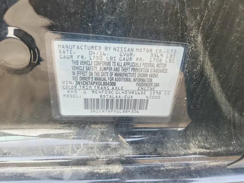 2016 NISSAN VERSA 1.6 S  