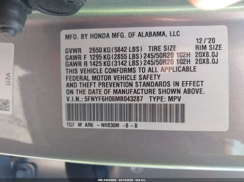 2021 HONDA PILOT AWD ELITE