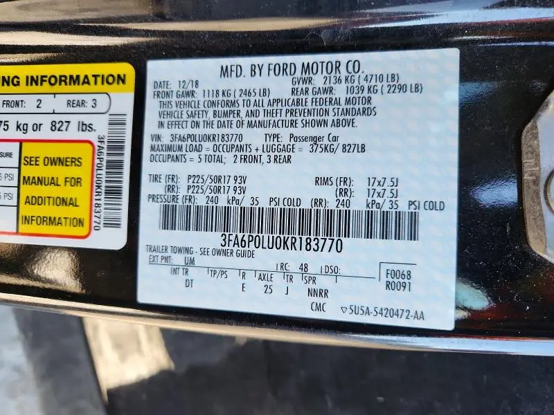 2019 FORD FUSION SE  