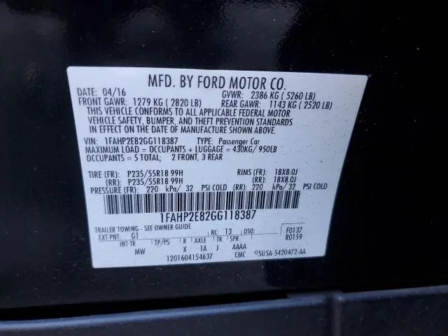 2016 FORD TAURUS SEL  